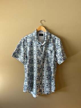 7 Diamonds 4-Way Stretch Men's Blue Abstract Mosaic Short Sleeve Button-Up Shirt